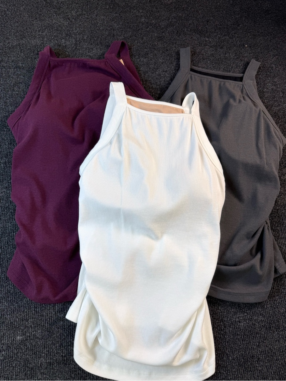 OGL set of three Ribbed Square-Neck Tank Tops - White, Plum & Charcoal